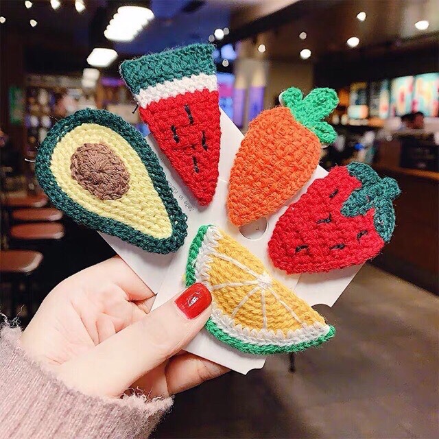 [HCM]Kẹp bấm tóc mái hình hoa quả cute vải len thủ công tinh tế