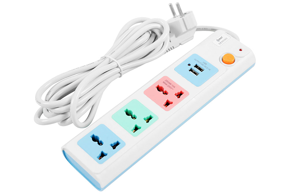 [HCM] Ổ cắm nối dài Comet CES5303 2500W dây dài 3m, 3 ổ cắm 3 chấu, 2 cổng sạc USB