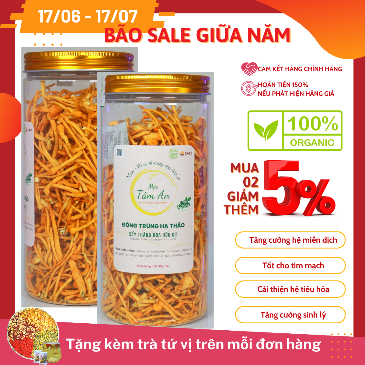 Hũ 50g Đông trùng hạ thảo sấy thăng hoa Mộc Tâm An tiêu chuản ổn định sức khỏe, dễ ngủ, ngủ sâu giấc