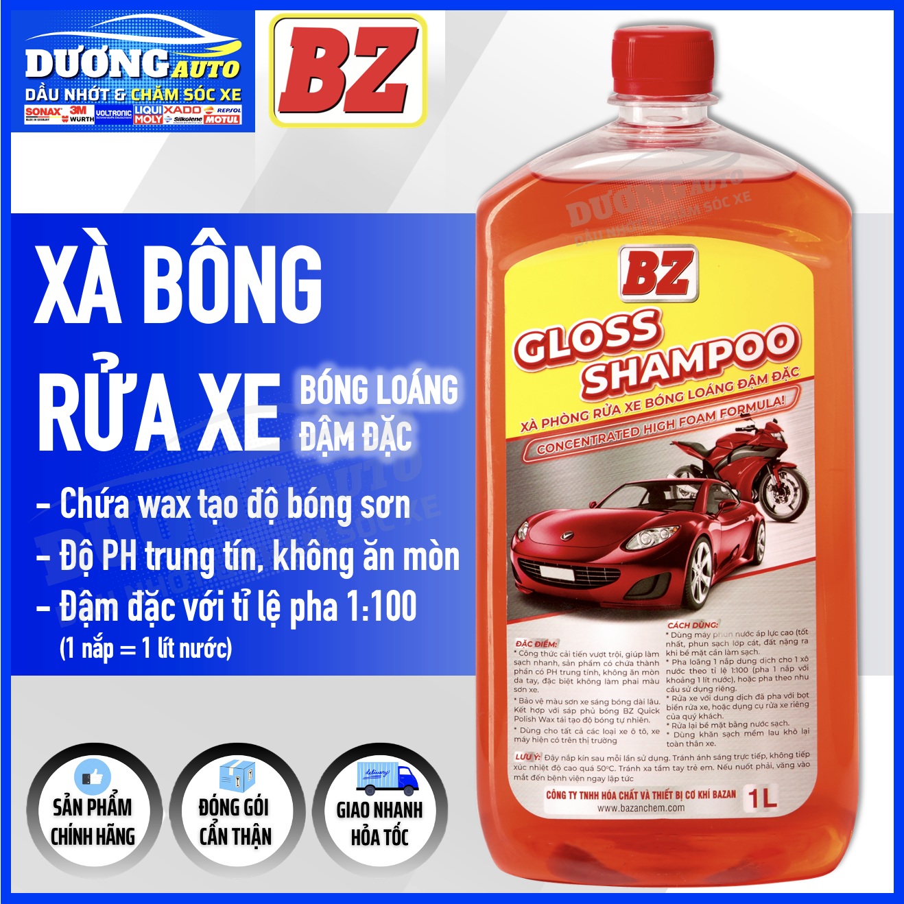 Giá sỉ nước rửa xe bz gloss shampoo 1l xà bông rửa xe bóng loáng đậm đặc, xà bông rửa xe bz