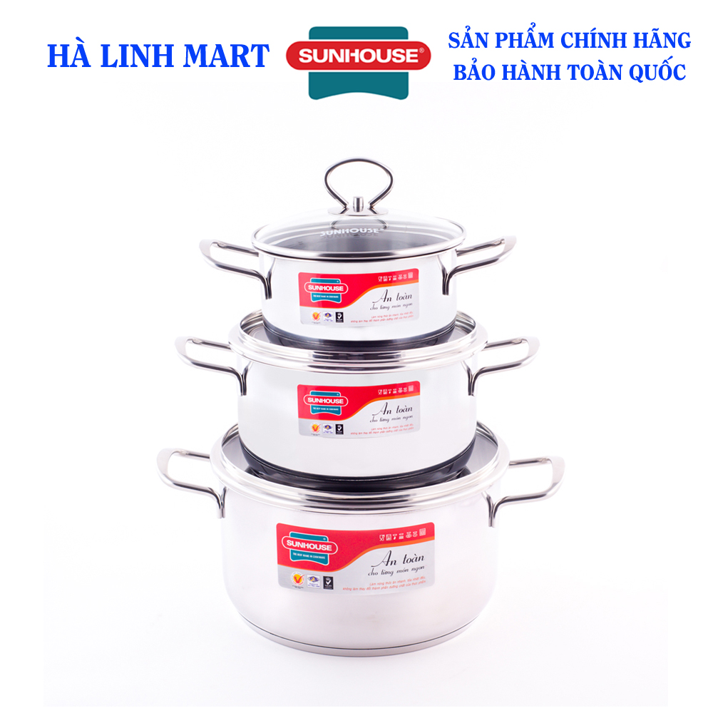Bộ nồi inox 5 đáy Sunhouse SH888, Bộ nồi inox Sunhouse, Bộ nồi dùng bếp từ, Chất liệu inox cao cấp bền chắc, sáng bóng, Đa dạng kích cỡ size 16cm, 20cm, 24cm, vung kính cường lực siêu bền, dùng trên mọi loại bếp