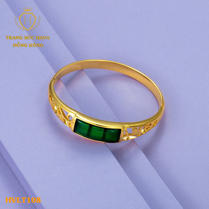 Lắc Tay Nữ, Vòng Tay Mặt Đính Đá Màu Xanh, Titan Xi Mạ Vàng Non 18k, 24k Cao Cấp - Trang Sức Hava Hong Kong