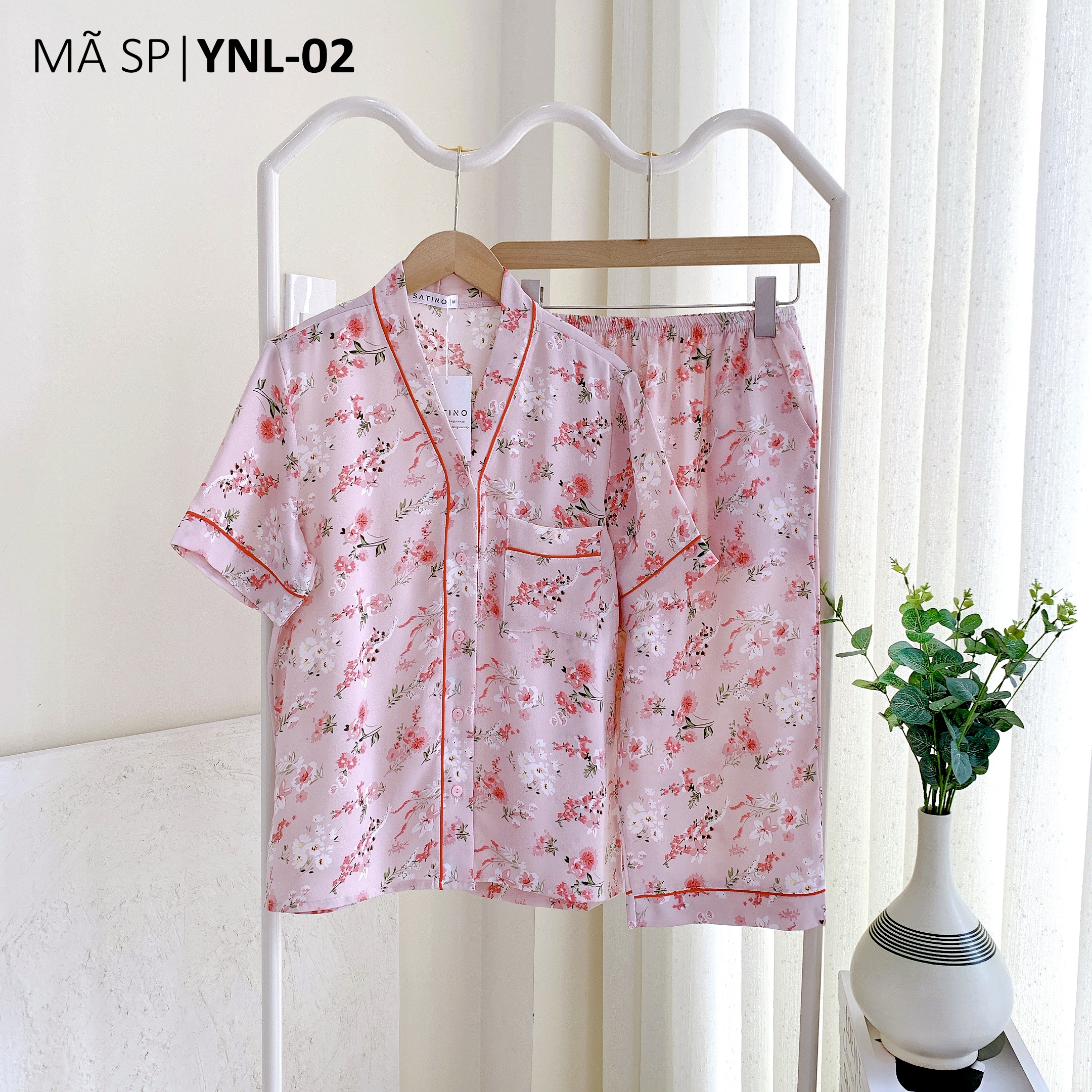 Đồ bộ mặc nhà, đồ ngủ, pijama nữ lụa tnql satino cổ y - molly pink