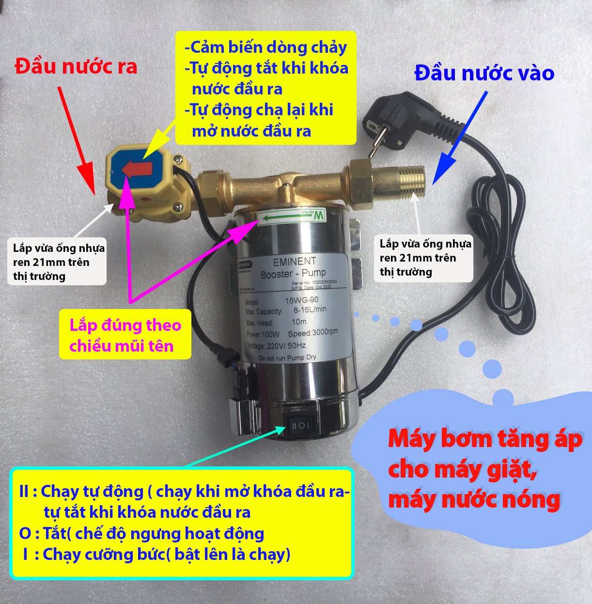 Máy bơm nước thái lan tăng áp 100% dây đồng tăng máy giặt, bình nóng lạnh, vòi sen eminent - thái lan