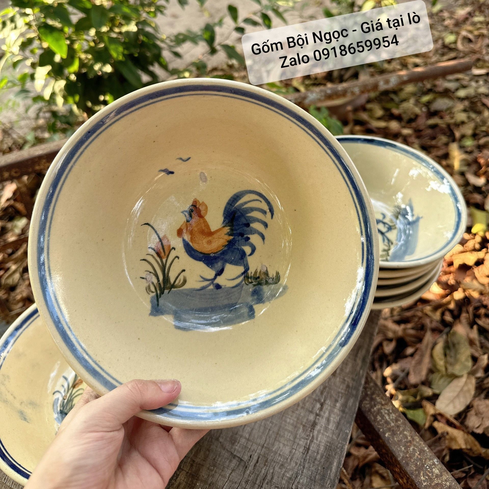 Tô gốm vẽ gà trống - tô tượng size đại 21cm - gốm lái thiêu - gốm xưa