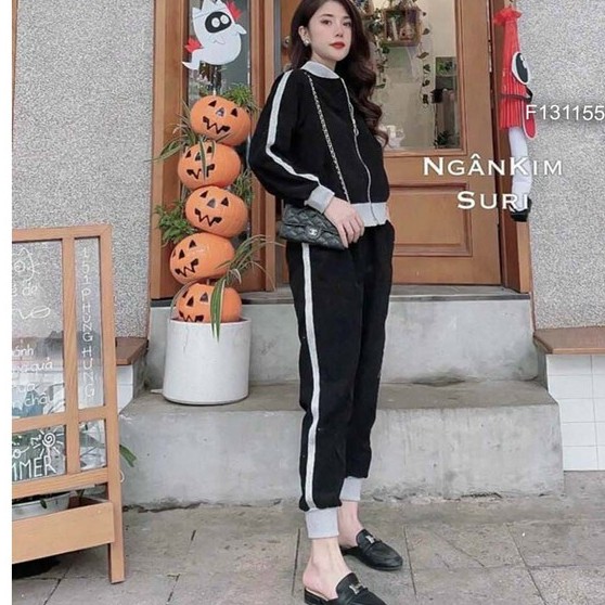Set bộ thể thao nhung tăm phối viền áo kéo khóa bo gấu