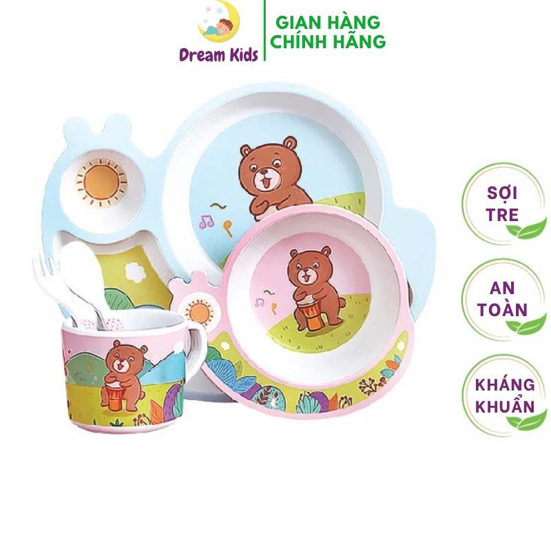 Khay ăn dặm sợi tre Bamboo Life an toàn cho bé- Bộ chén ăn dặm cao cấp 5 chi tiết thìa, dĩa, khay, bát, cốc hình Sên- BL002