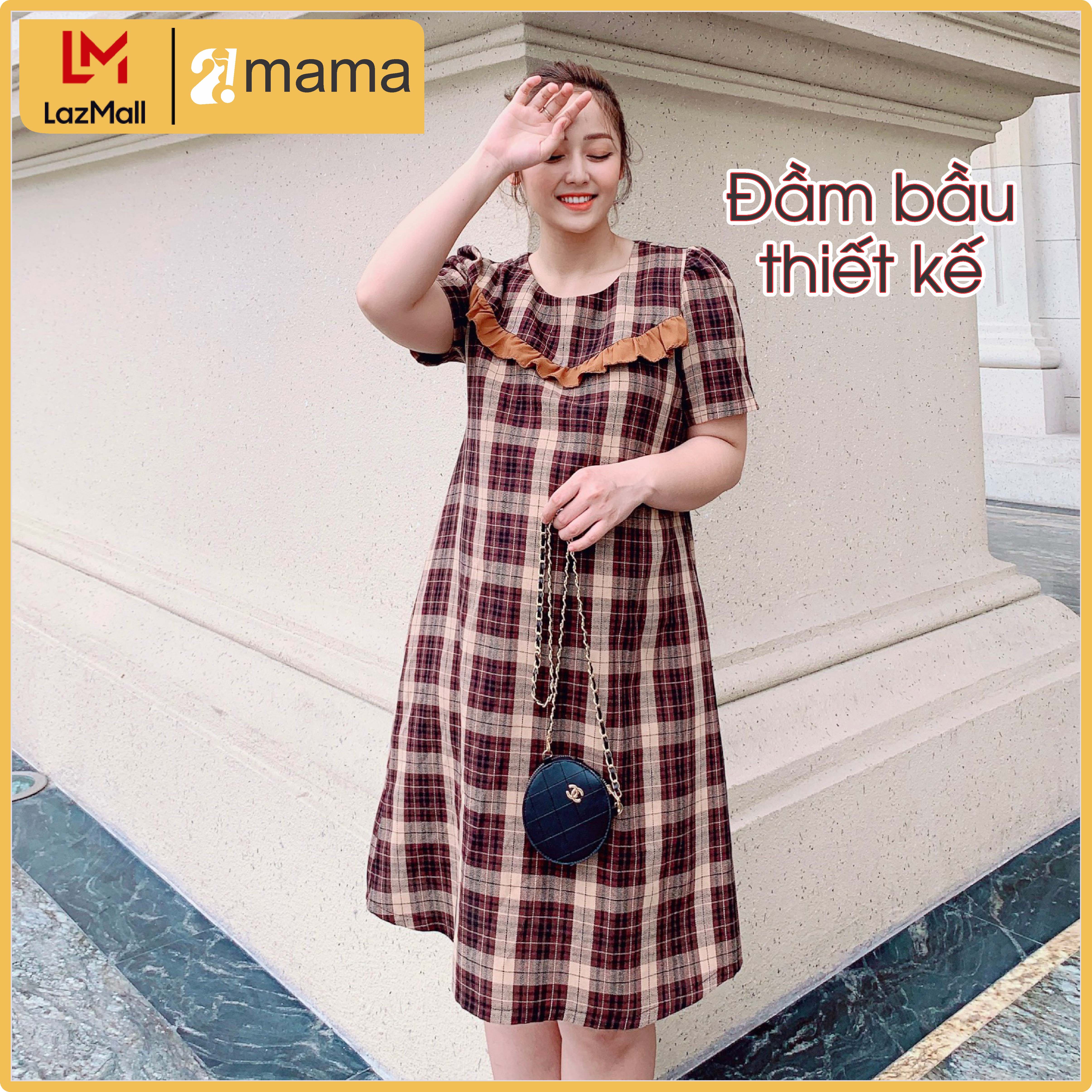 Đầm bầu dự tiệc 2MAMA dáng suông kẻ ô phối bèo V70