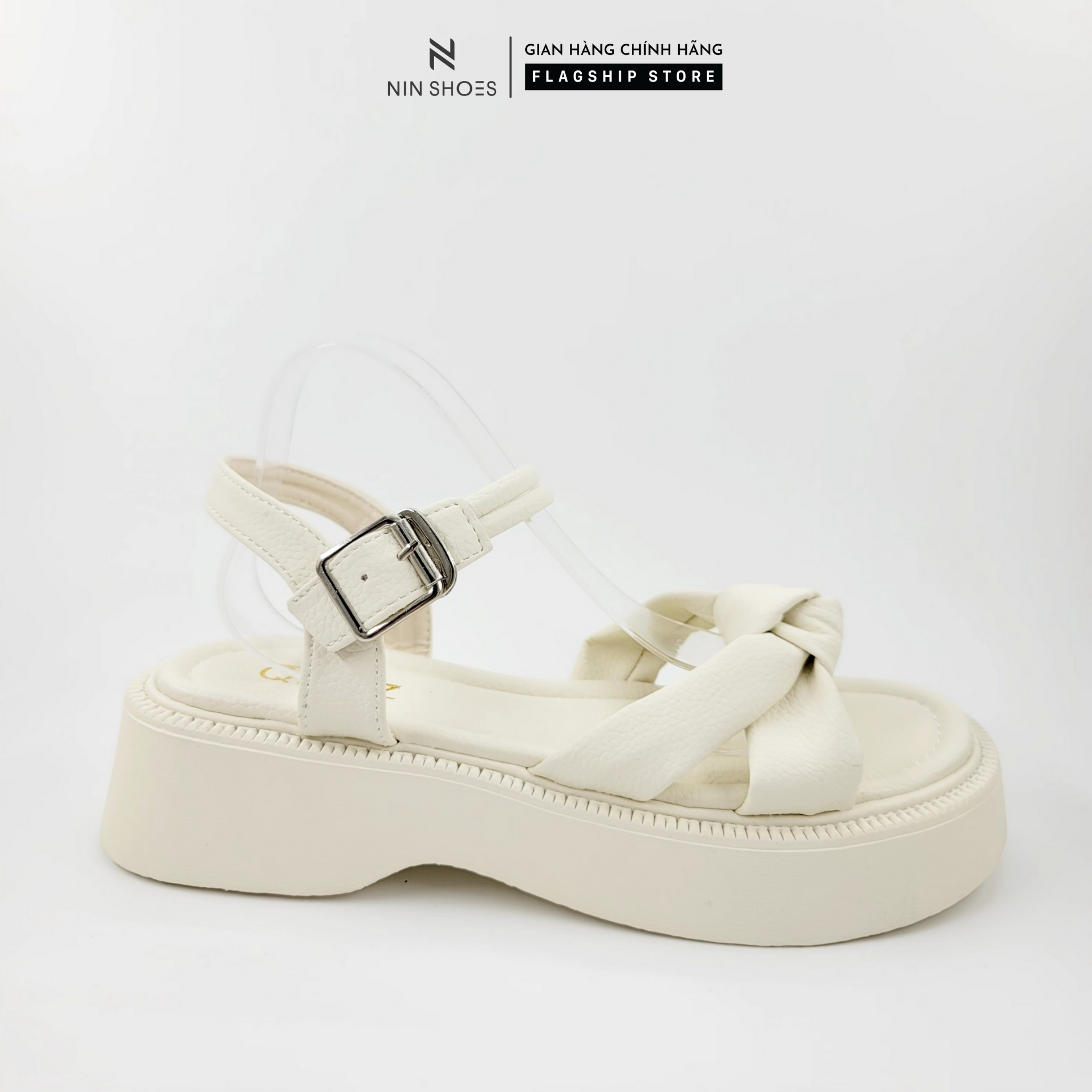 Dép nữ Ninshoes - Dép lê nữ mũi tròn đế răng cưa nơ thắt nút quai cài khuy ở hông