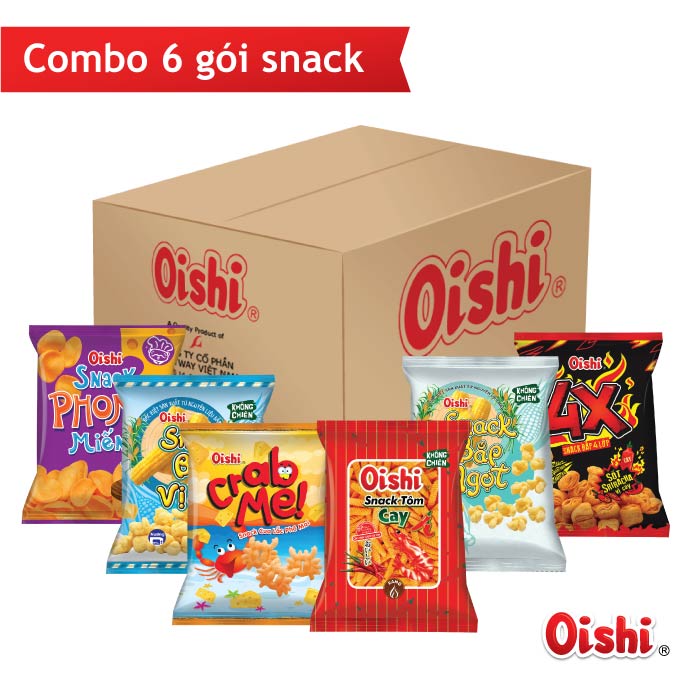 Oishi Combo2 - 6 gói snack 35g (Snack Cua Lắc Phô Mai, Snack 4X Vị Cay, Snack Phomat Miếng, Snack Bắp Ngọt, Snack Bắp Vị Sữa, Snack Tôm Cay)