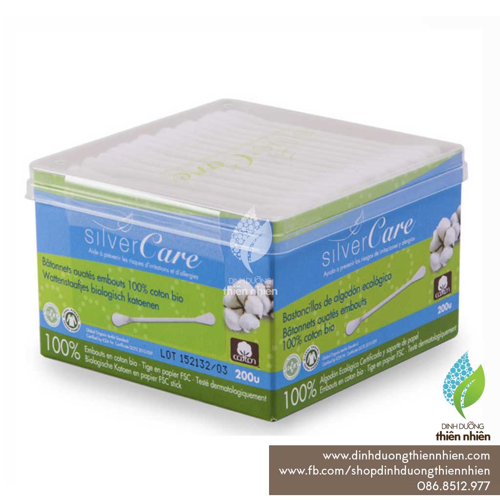 Tăm bông hữu cơ silvercare, hộp 200 cái
