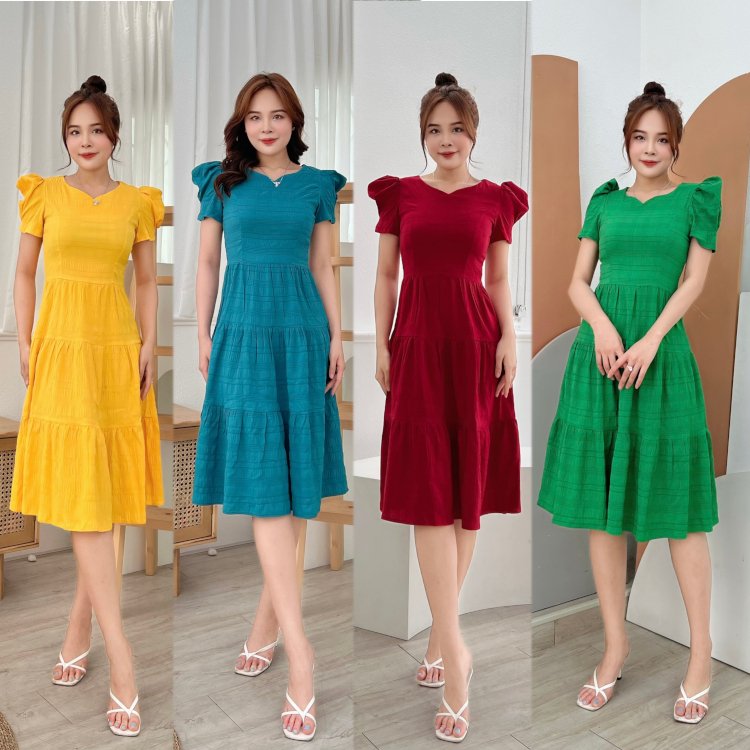Đầm xòe tay phồng nhún bèo misa - ms0223
