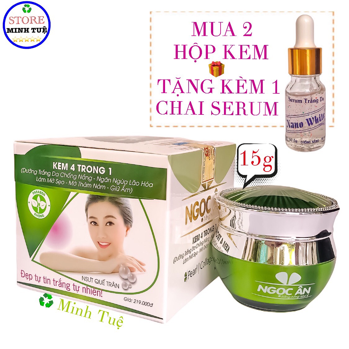 Kem dưỡng trắng da chống nắng Ngọc Ân, ngăn ngừa lão hóa, làm mờ sẹo, mờ thâm nám, giữ ẩm ( 15g ), mua 2 hộp kem tặng kèm 1 chai serum Nano White (10ml)
