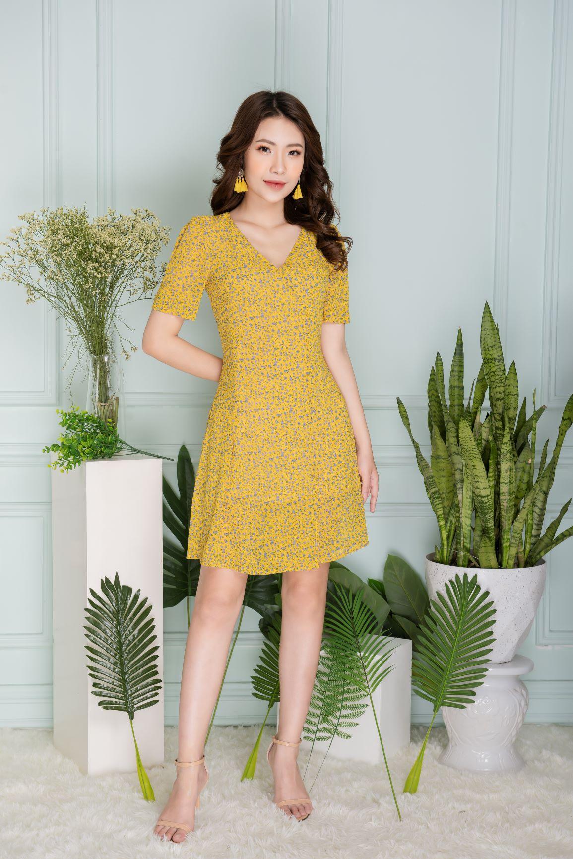 GBeauty- Váy vàng hoa nhí baby cổ V cao cấp