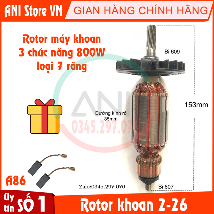 Rotor máy khoan bê tông 2-26 dre loại 7 răng - tặng chổi than / roto khoan bê tông 3 chức năng 800w