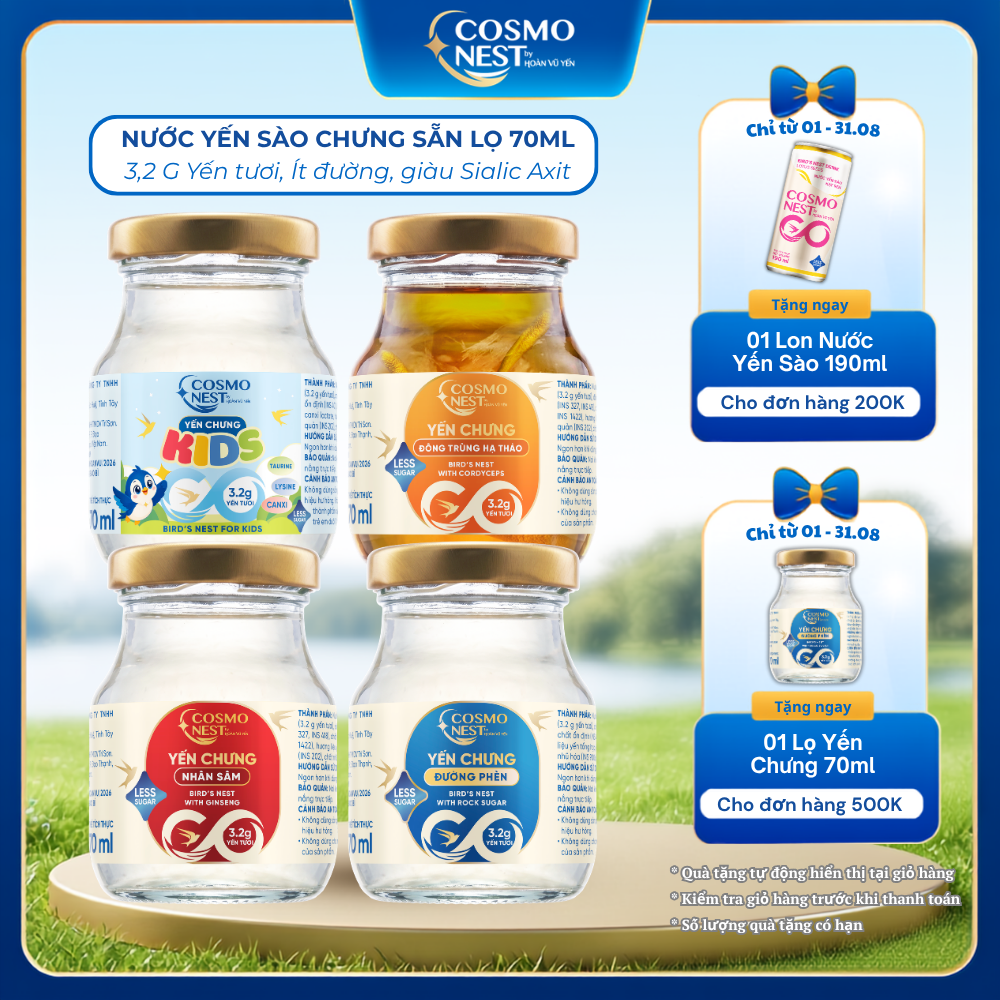Nước Yến Sào Chưng Sẵn COSMO NEST 70ml - 3.2g Yến Tươi, Giàu Sialic Acid, Ít Đường - Hoàn Vũ Yến