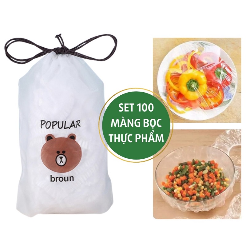 Combo 100 màng bọc thực phẩm túi gấu có chun co giãn bọc đồ ăn