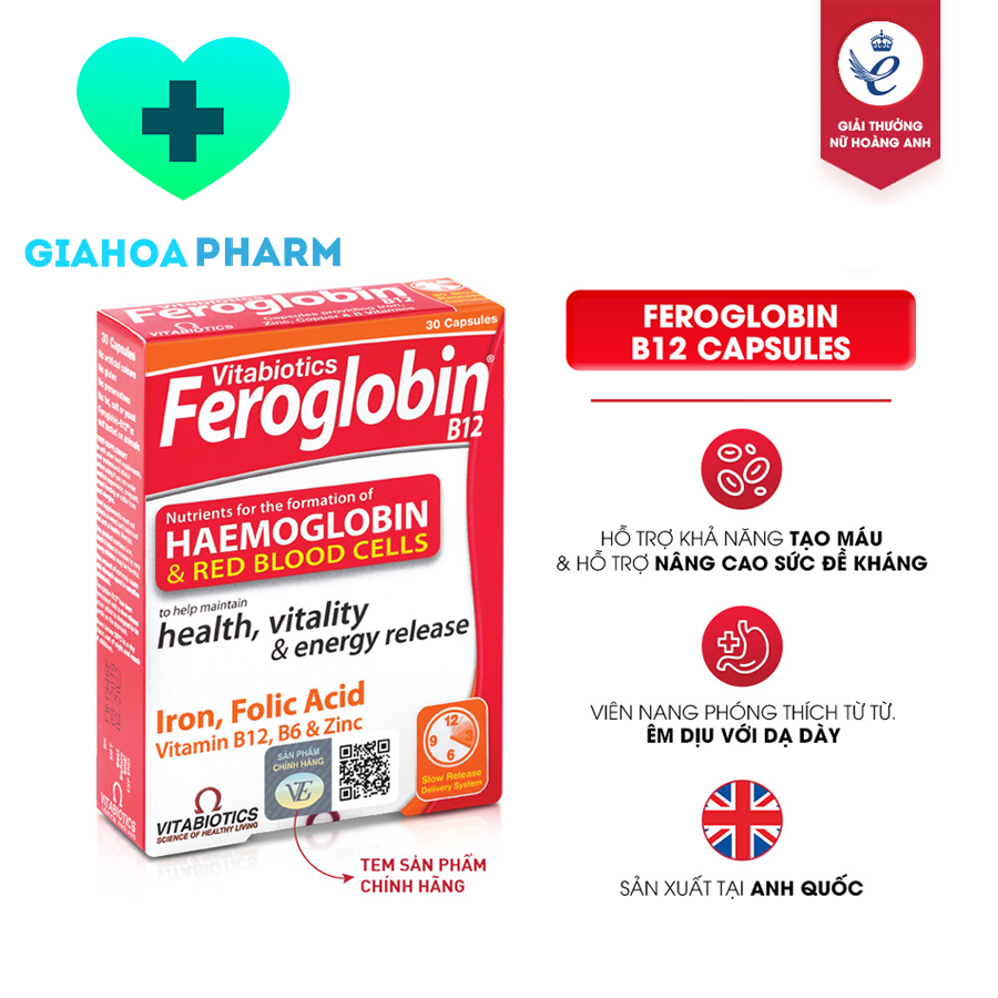 Viên uống bổ máu Vitabiotics Feroglobin B12 bổ sung sắt, tăng tạo máu