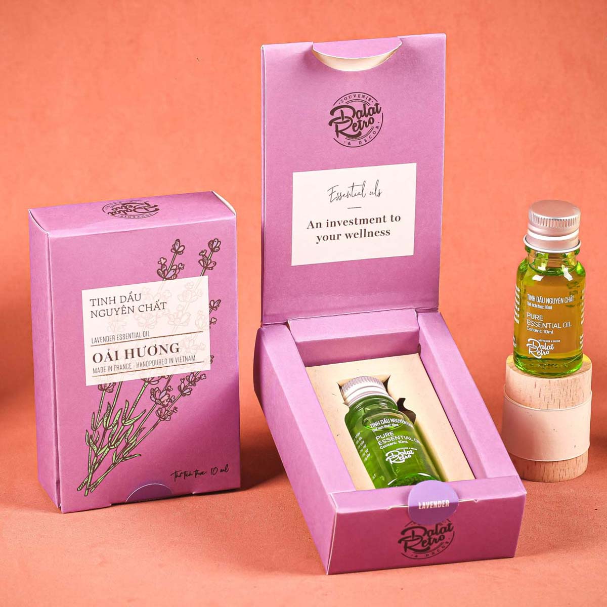 Tinh dầu nguyên chất, oải hương pháp lavender, 10ml, hộp, mẫu minimal, Dalat Retro