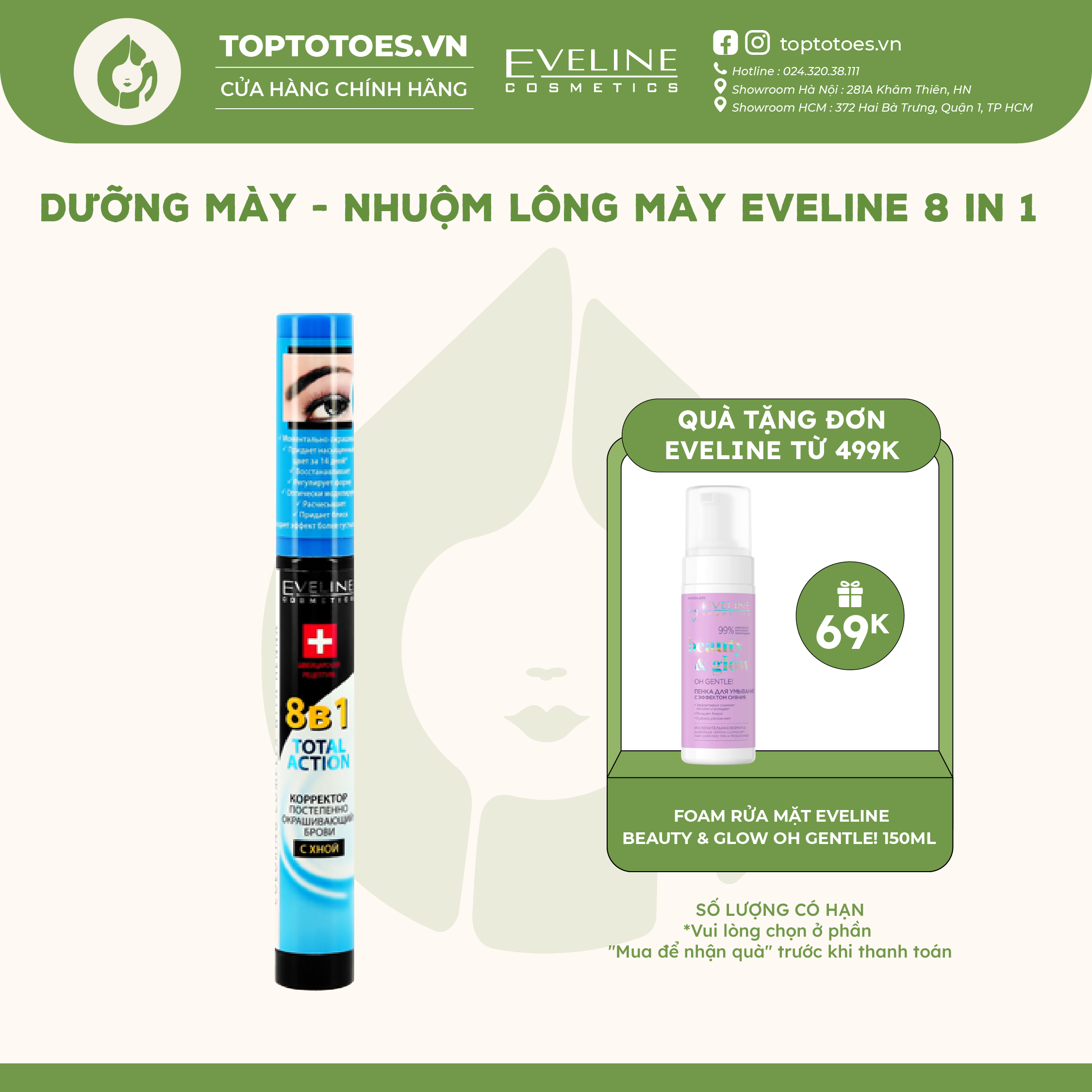 Dưỡng mày Eveline 8 In 1 Total Action Eyebrow Therapy Professional làm dày và nhuộm lông mày