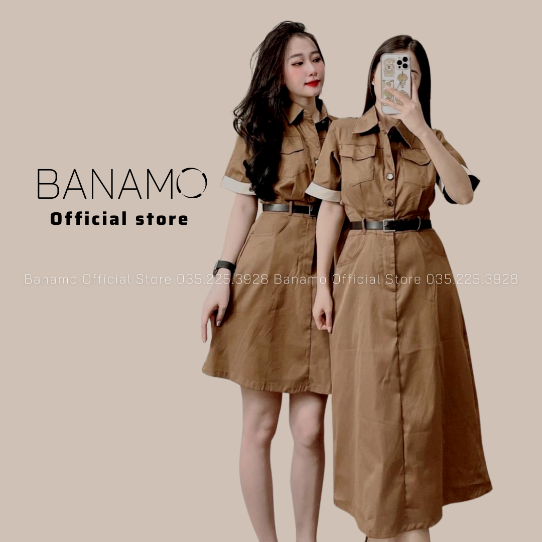 Váy sơ mi kaki thô cổ đức cộc tay viền thời trang Banamo Fashion 583