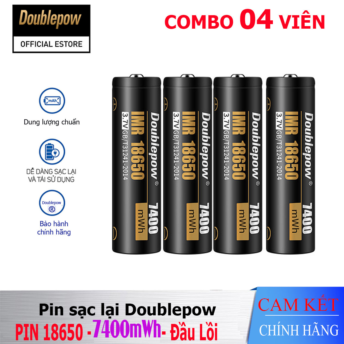 [Combo 04 viên] Pin sạc Lithium 18650 - 7400mWh đầu lồi Doublepow, pin dung lượng thực