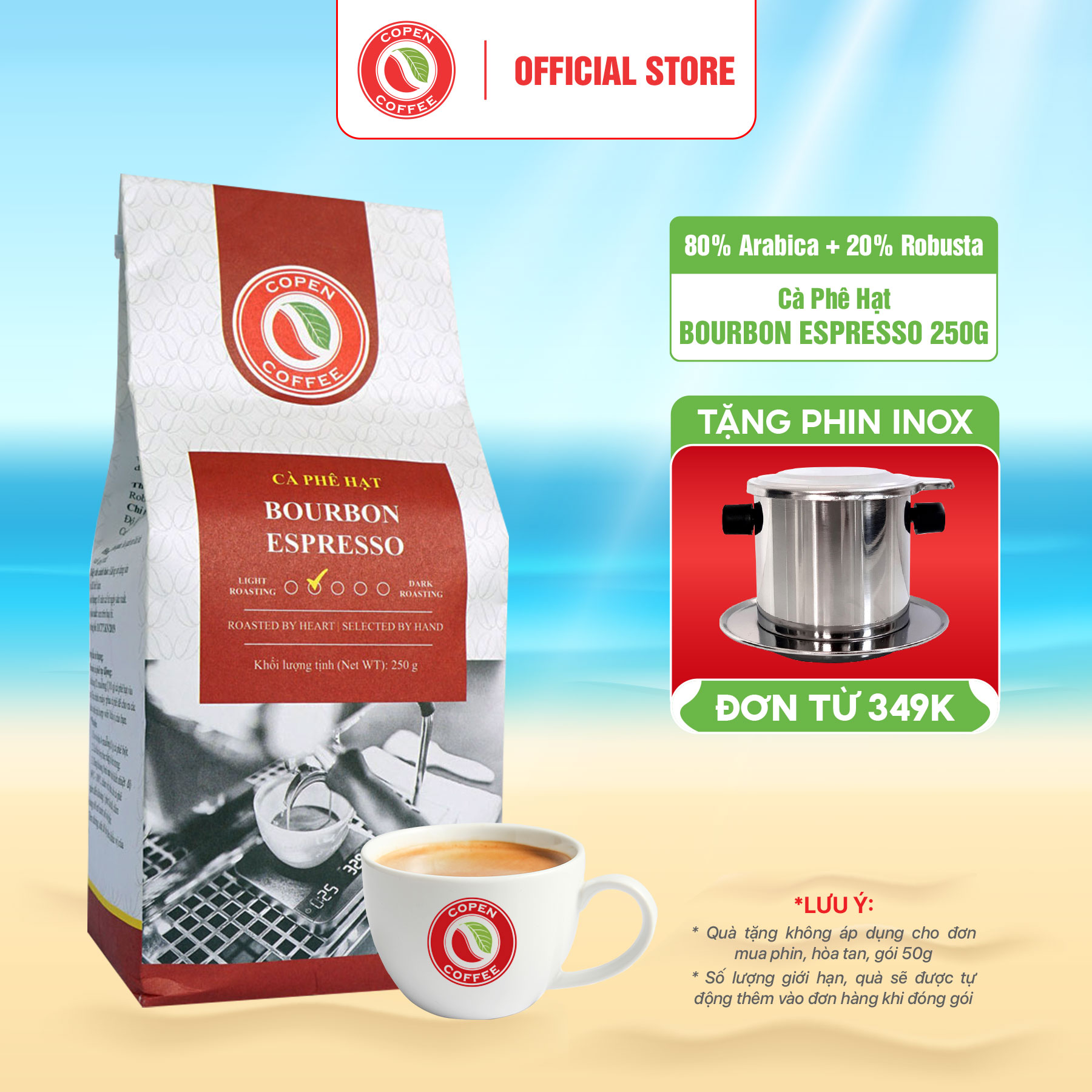 Cà phê rang mộc Bourbon Espresso Copen Coffee 250G - Pha máy Espresso vị đắng nhẹ xen lẫn một ít vị chua và ngọt