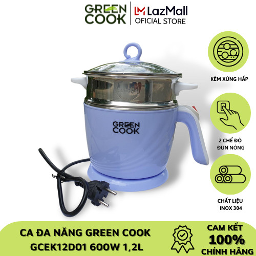 Ca điện đa năng Green Cook GCEK12D01 600W 1,2L màu xanh có vỉ hấp inox - Hàng chính hãng greencook