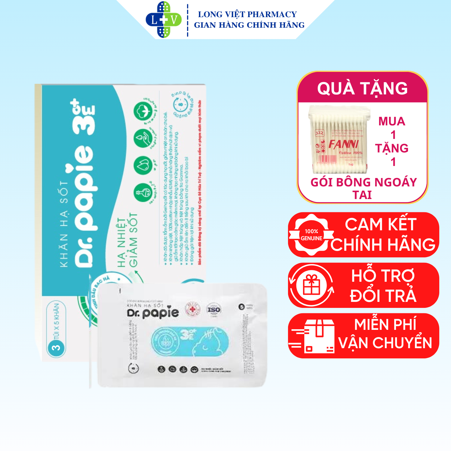 Khăn lau hạ sốt 3+ dr papie, thải nhiệt hạ sốt chuẩn nhi khoa, ngăn ngừa co giật cho bé, hộp 3 gói x 5 khăn/gói