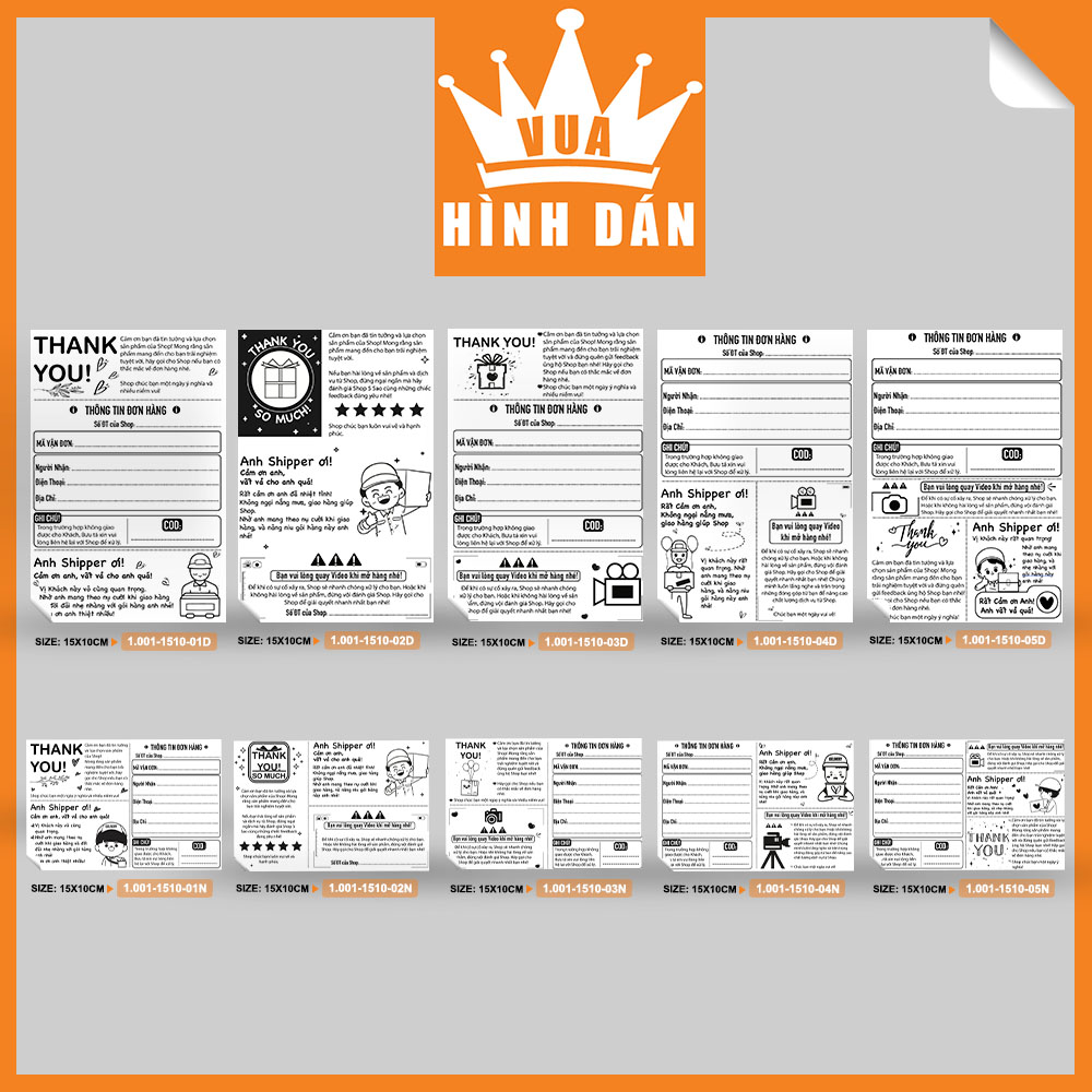 Set 50/100 tem / sticker / decal 15x10cm 3 in 1: Cám ơn khách, Gửi Shipper, mã đơn hàng, lưu ý khách khi mở hàng - dành cho shop - (1.001)