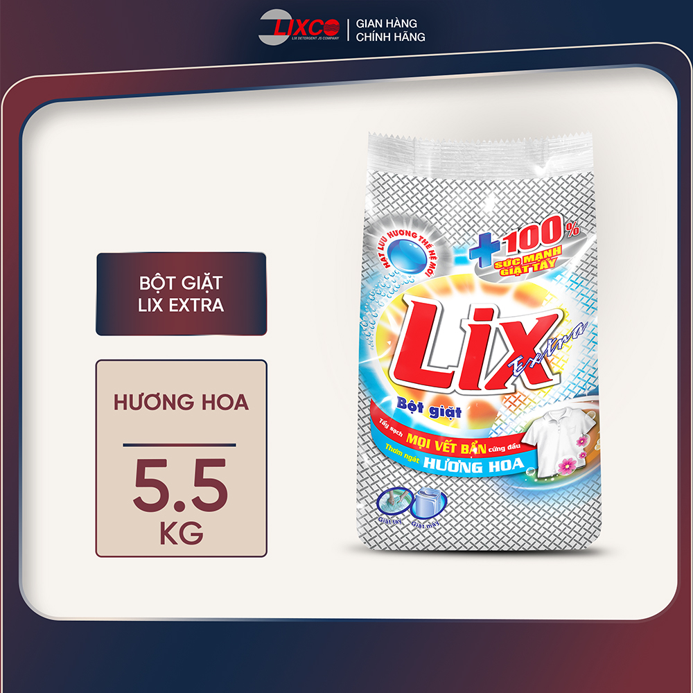 Bột giặt Lix Extra hương hoa 5.5Kg EB568 làm trắng quần áo tăng gấp đôi sức mạnh lưu hương lâu cho giặt tay và máy - Lixco Việt Nam