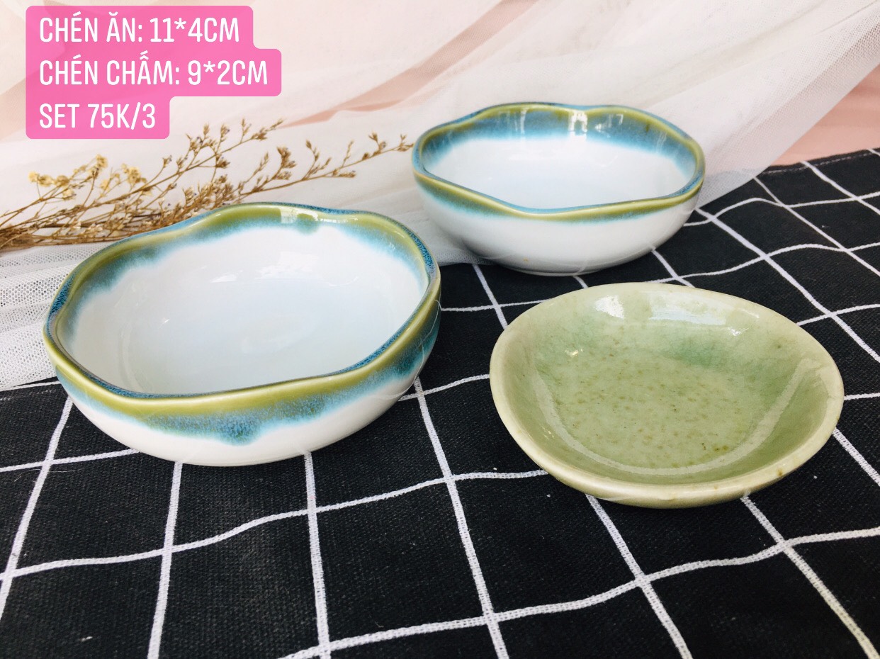 Gốm nhật - set 2 chén men thiên mục xanh kèm đĩa chấm
