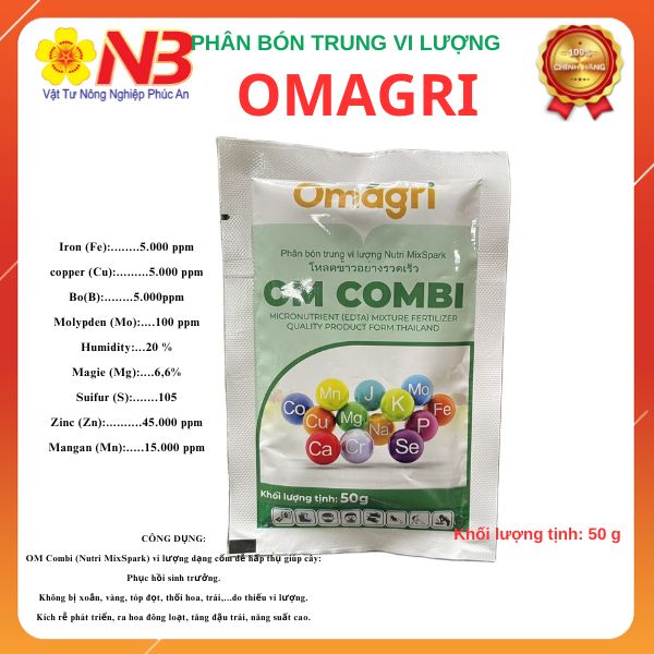 Phân bón trung vi lượng OM Combi 50g- Thái Lan- không bị xoăn, vàng, top đọt, thối hoa, trái, kích rễ, ra hoa, tăng đậu trái- năm bưu
