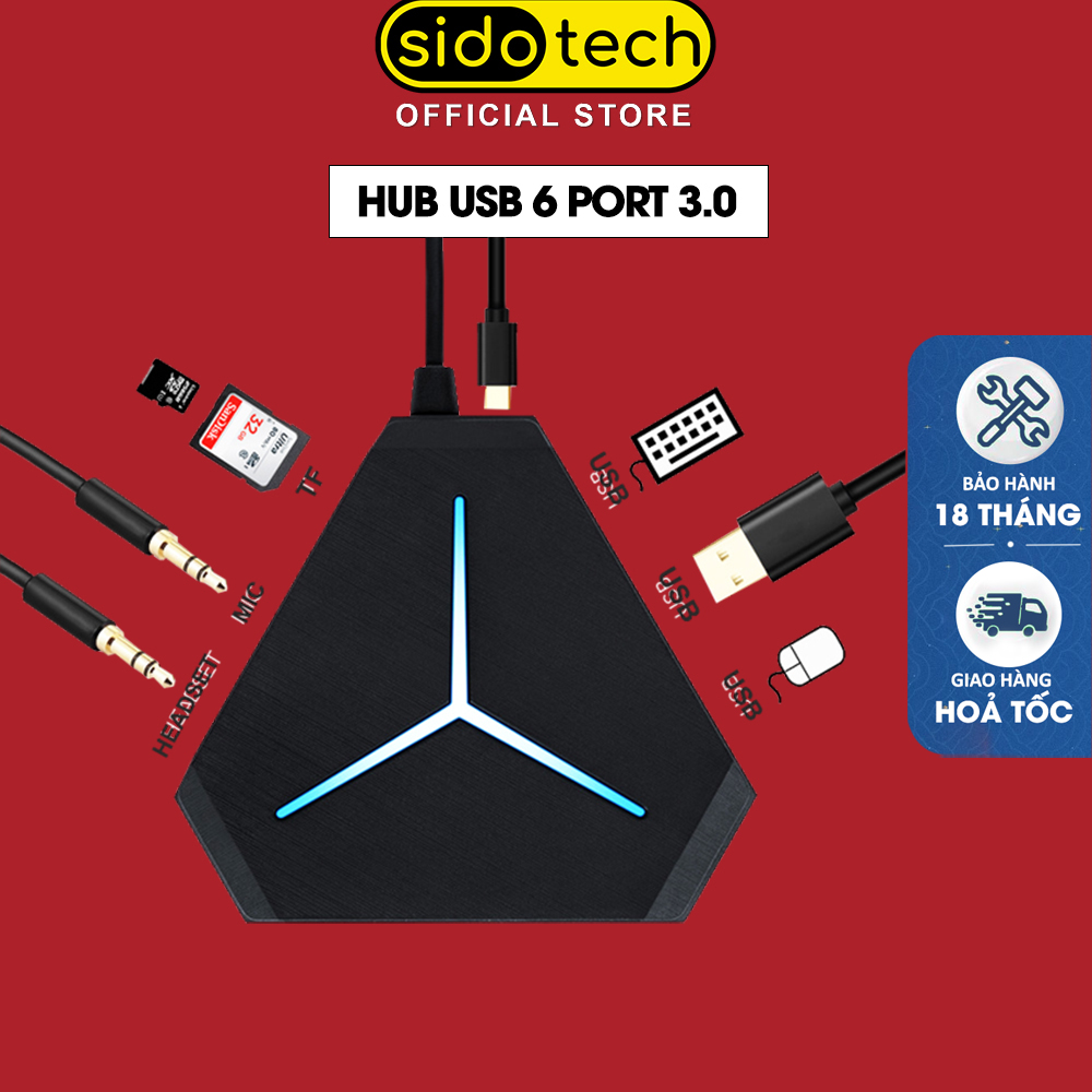 Bộ chia cổng HUB USB SIDOTECH mở rộng kết nối đa năng 6 cổng USB tốc độ cao, cổng Audio, đầu đọc thẻ nhớ, đèn LED kết nối đa cổng cho chuột không dây, bàn phím không dây, tai nghe 3.5mm, thiết bị mở rộng USB cho Laptop PC