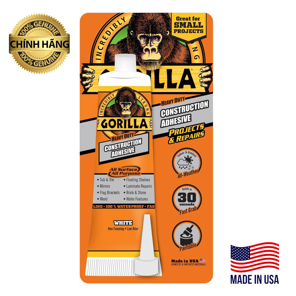 Keo Dán Xây Dựng Đa Năng Màu Trắng Trong – Keo Dính Chắc Mọi Vật Liệu Đáp Ứng Mọi Thời Tiết – Keo Chống Thấm Nước Chịu Lực Tốt Mọi Vật Liệu Sàn Phụ, Gương, Trang Trí, Vách Thạch Cao, Cảnh Quan, Xung Quanh Nhà Tắm, Ván Xốp, Đá Cẩm Thạch – Keo Gorilla Const