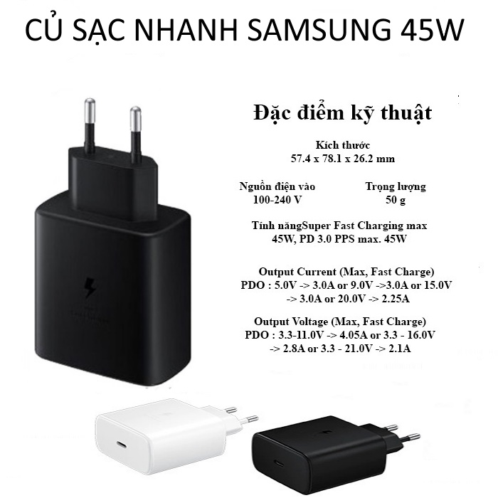 Củ sạc nhanh samsung 45w galaxy note 10 plus note 20 s20 ultra note 10 plus, cóc sạc samsung siêu nhanh