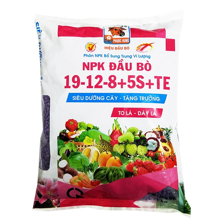 Phân NPK Đầu Bò 19-12-8+5S+TE siêu dưỡng cây kích tăng trưởng vọt đọt mập cành - 1kg