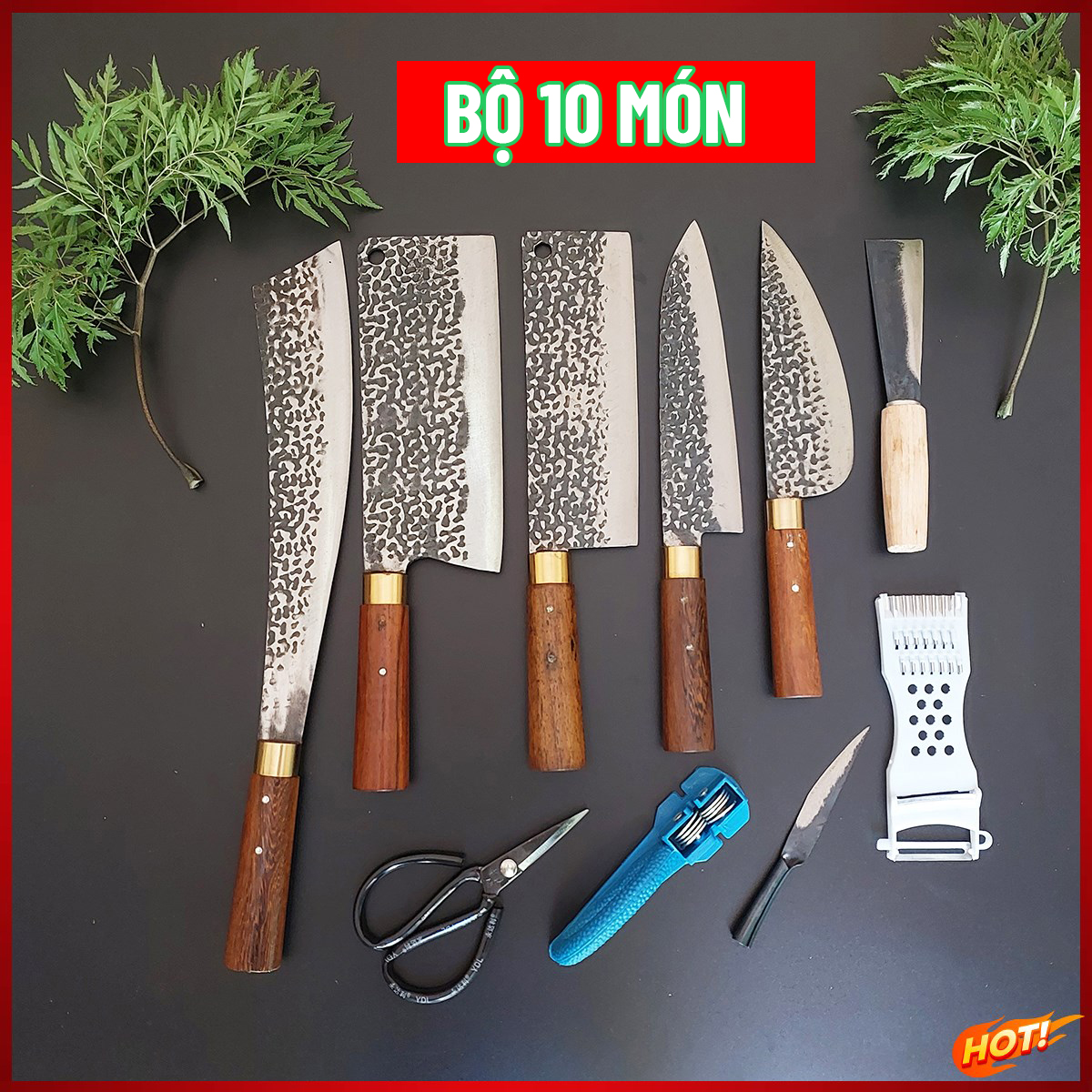 Bộ 10 dao nhà bếp vân kiểu thép nhíp khâu đồng rèn thủ công sắc bén