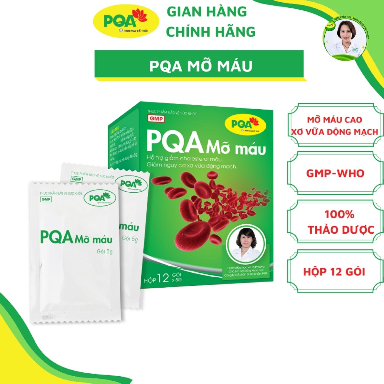 Mỡ Máu PQA Hộp 12 gói giúp Tư âm, mát huyết, hỗ trợ giảm mỡ máu, giảm Cholesterol toàn phần, hỗ trợ ngăn ngừa xơ vữa mạch máu