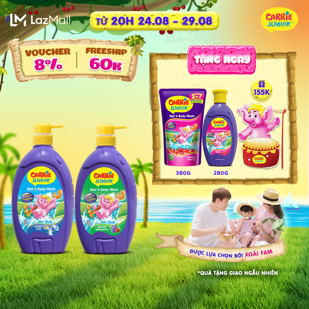 Combo 2 Sữa Tắm Gội cho bé Carrie Junior chiết xuất trái cây thiên nhiên Hương Grapeberry (700g/chai)