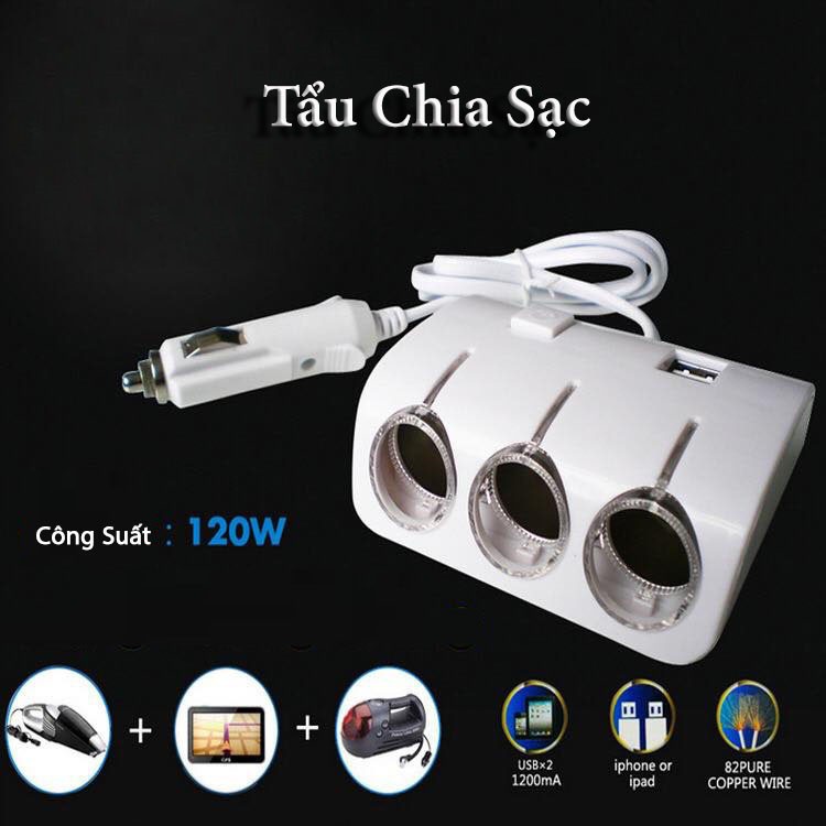 Tẩu Sạc Ô Tô - Bộ Chia Tẩu Sạc Ô Tô – Chia 3 Cổng Tâu Và 2 Cổng USB, Ver1 Hàng Cao Cấp - Phụ Kiện Đồ Chơi Ô Tô Xe Hơi EUNOIA