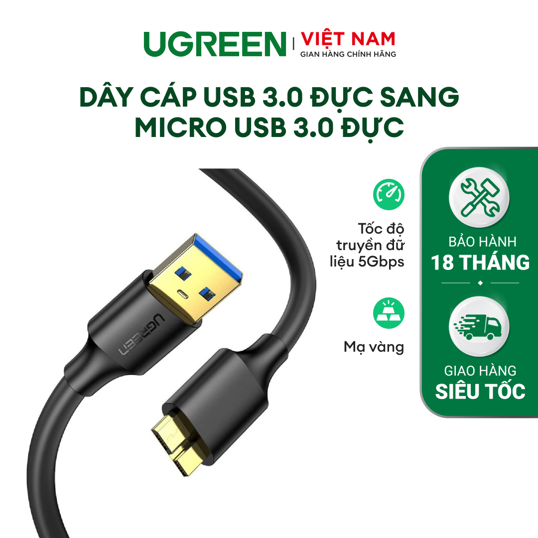 Dây cáp usb 3.0 đực sang micro usb 3.0 đực mạ vàng ugreen | tốc độ truyền đữ liệu 5gbps | siêu bền | bảo hành 18 tháng | 10843