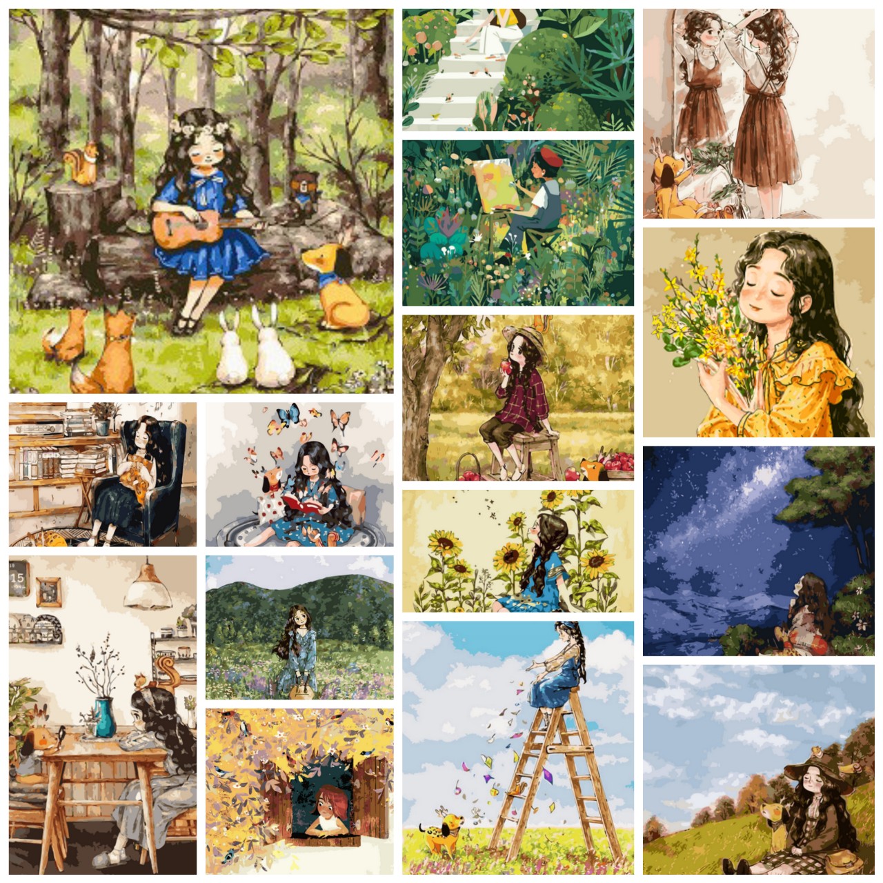 Tranh tô màu theo số CÓ KHUNG 40x50 cm hình cô gái chibi, hàng có sẵn