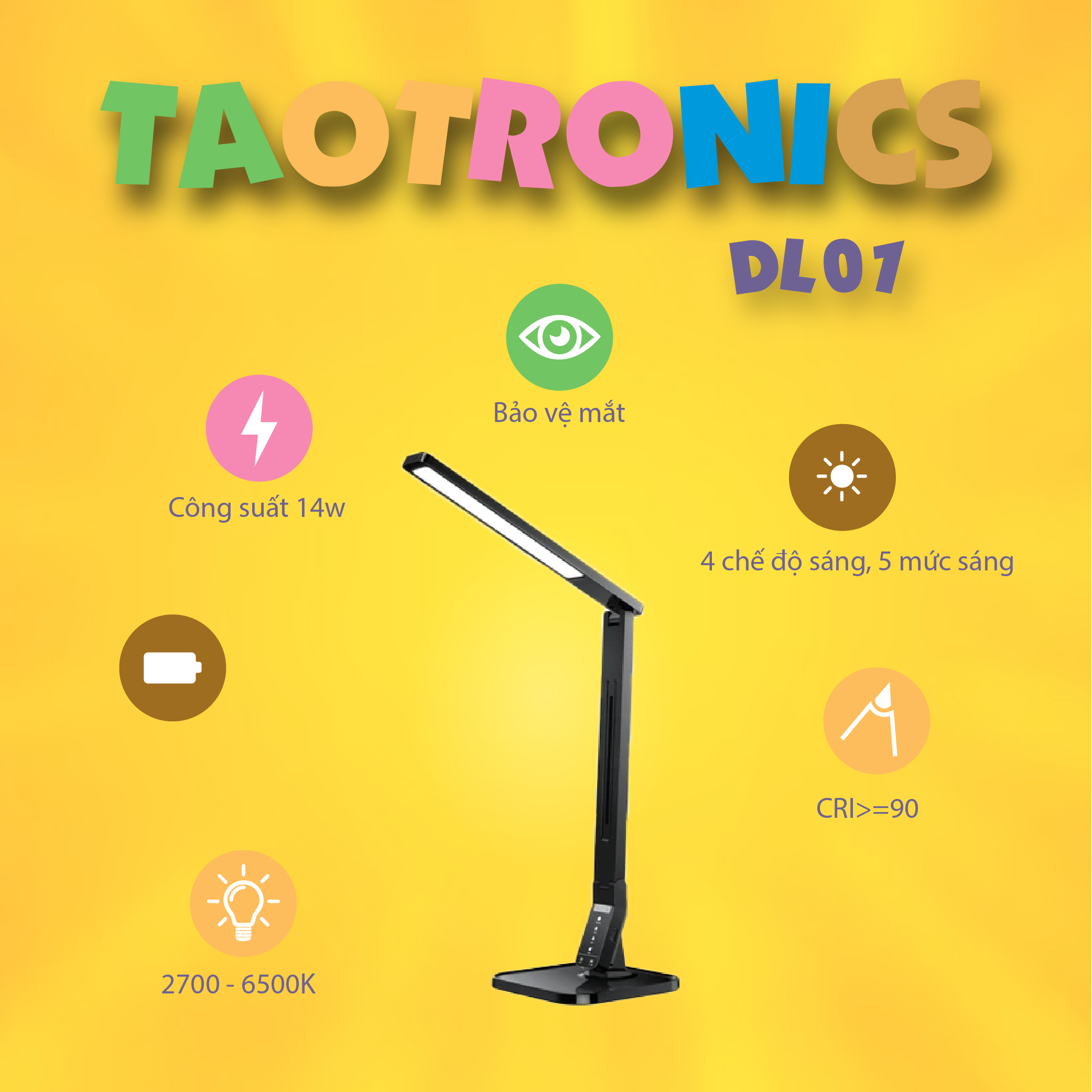 Đèn LED chống cận TaoTronics TT-DL01, 14W, 4 chế độ sáng, 5 mức sáng, hẹn giờ