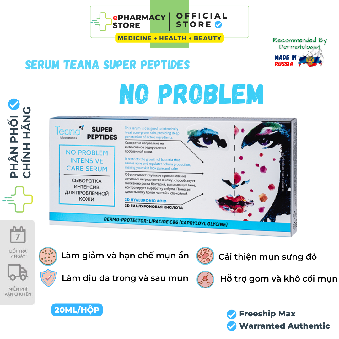 Tinh chất Teana No Problem cho da dầu mụn làm khô và gom cồi mụn giảm tiết dầu - Teana Super Peptides No Problem Intensive Care 10 ống/20ml