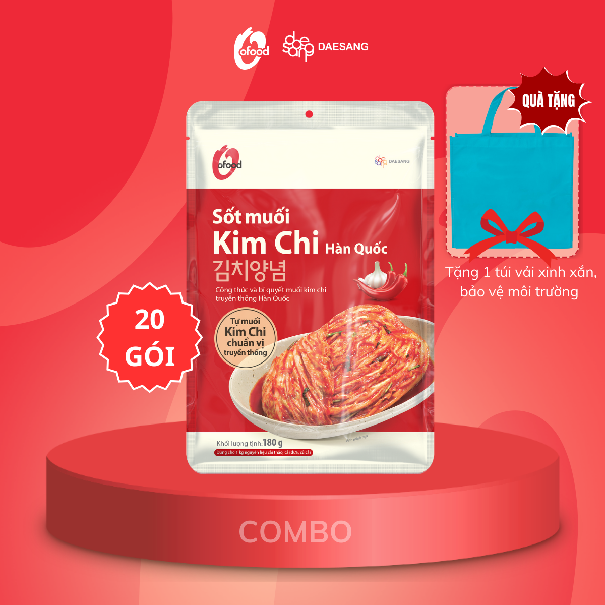 [Tặng túi vải O'food] COMBO 20 GÓI Sốt muối kim chi O'food gói 180g, chuẩn vị Hàn Quốc