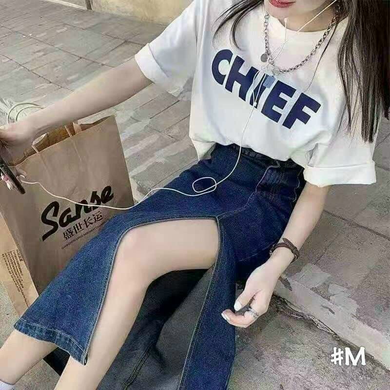 Chân váy jean from dài xẻ đùi hàng vnxk