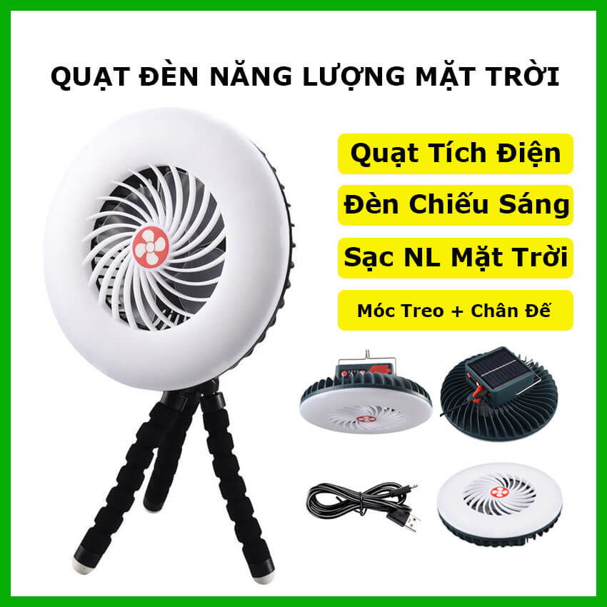 Quạt tích điện đa năng kiêm đèn Led pin sạc năng lượng mặt trời cho chân đế, quạt để bàn mini cầm tay sạc điện, đèn cắm trại dã ngoại có móc treo tiện dụng