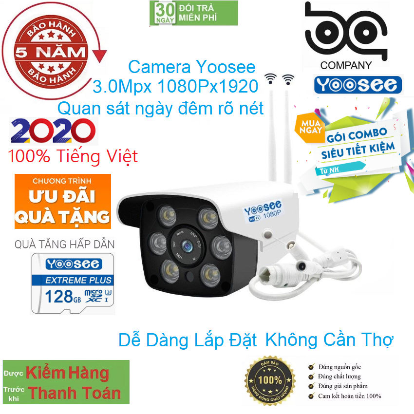 [CÓ MẦU BAN ĐÊM TẶNG THẺ NHỚ 128GB] camera wifi 2.5 ngoài trời - trong nhà camera yoosee 2.5 Mpx full hd 1080p - hỗ trợ 2 đèn hồng ngoại và 4 đèn LED + kèm thẻ nhớ 128GB - Viễn Thông Bảo An
