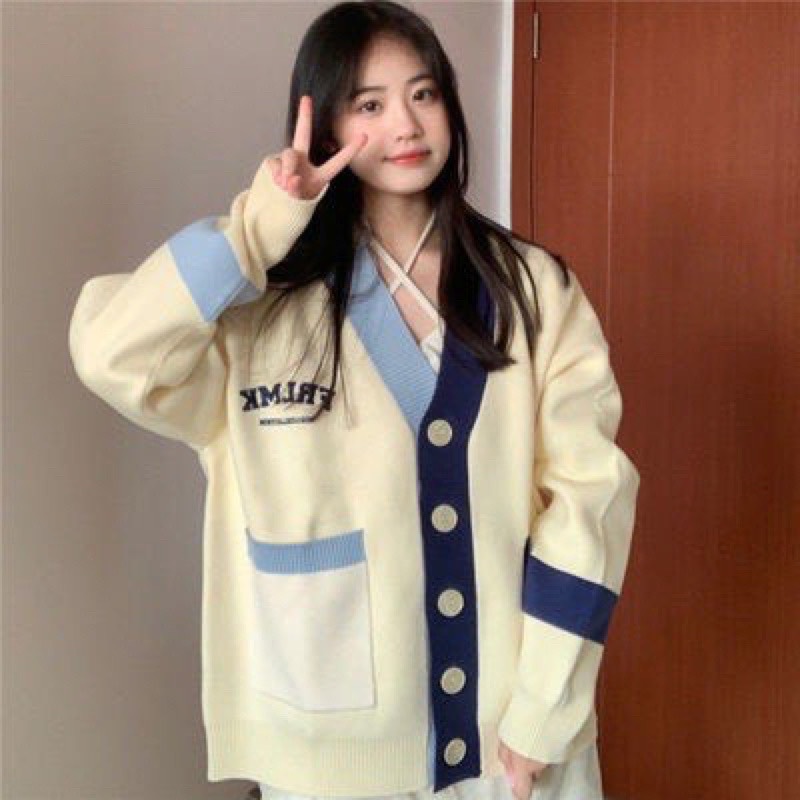 Áo Khoác Cardigan  phối Viền Xanh Nâu  Form Rộng